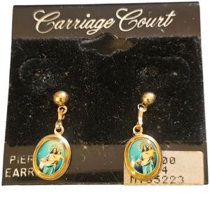 Carriage Court Gold and Blue Religious Earrings
